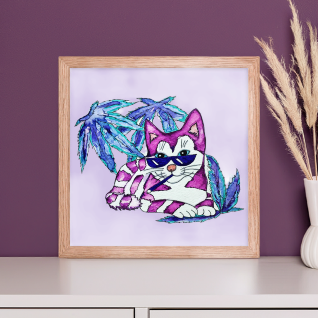 Cool Purple Tabby Cat Framed Poster 12x12