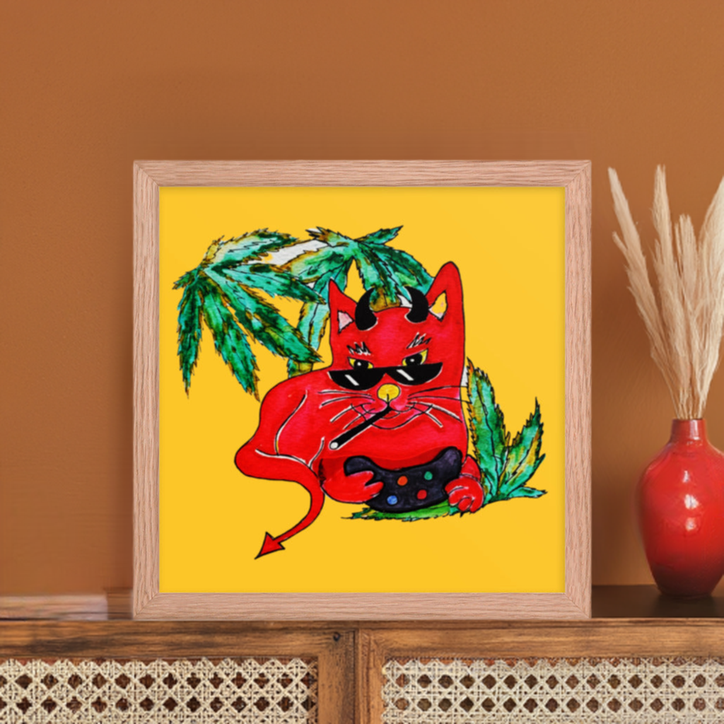 Cool Devil Gamer Cat Framed Poster 12x12