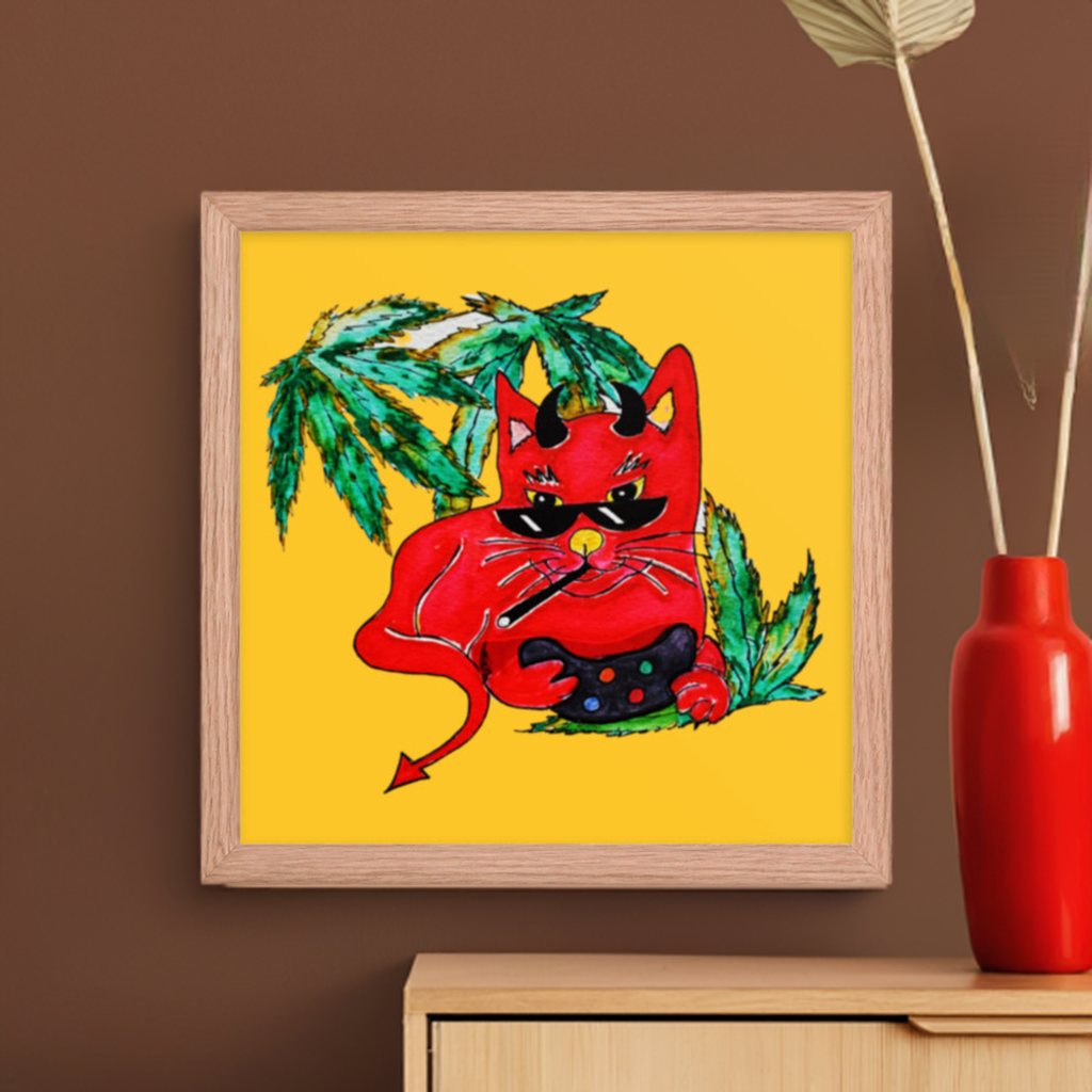 Cool Devil Gamer Cat Framed Poster 12x12