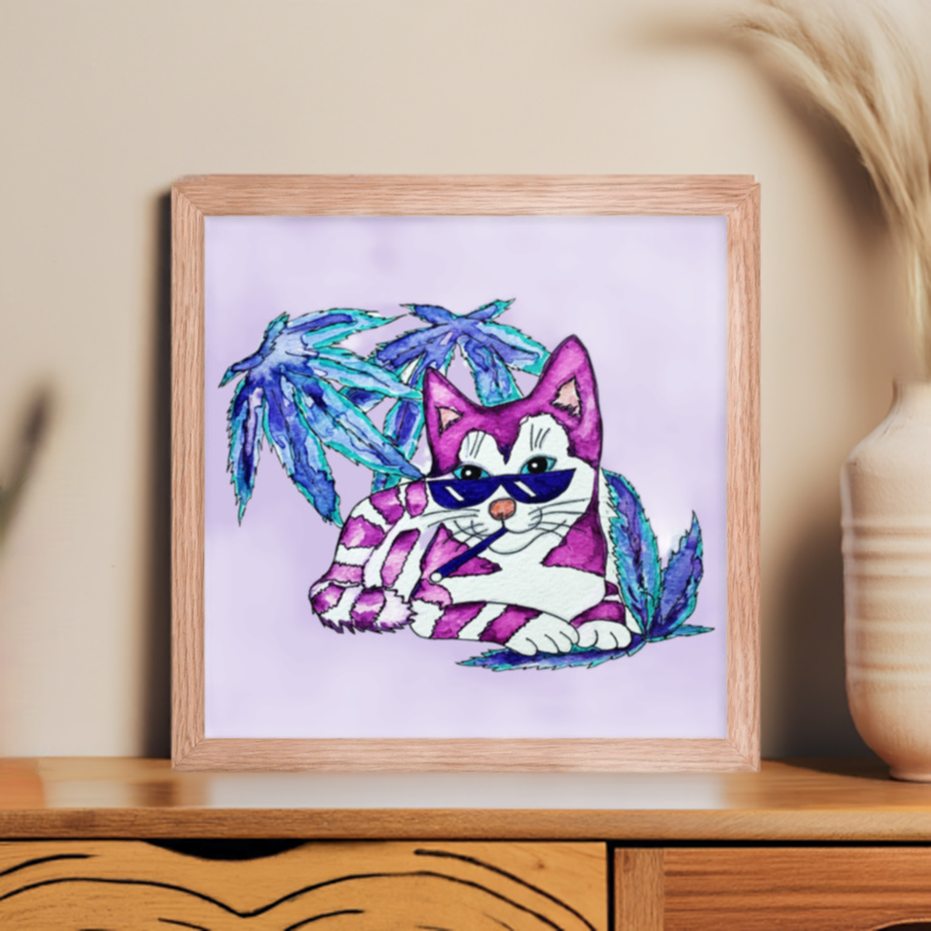 Cool Purple Tabby Cat Framed Poster 12x12