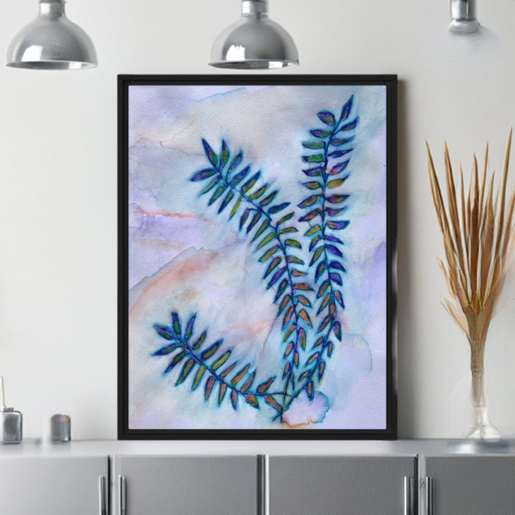 Quiet Blue Leaves Framed Canvas Print