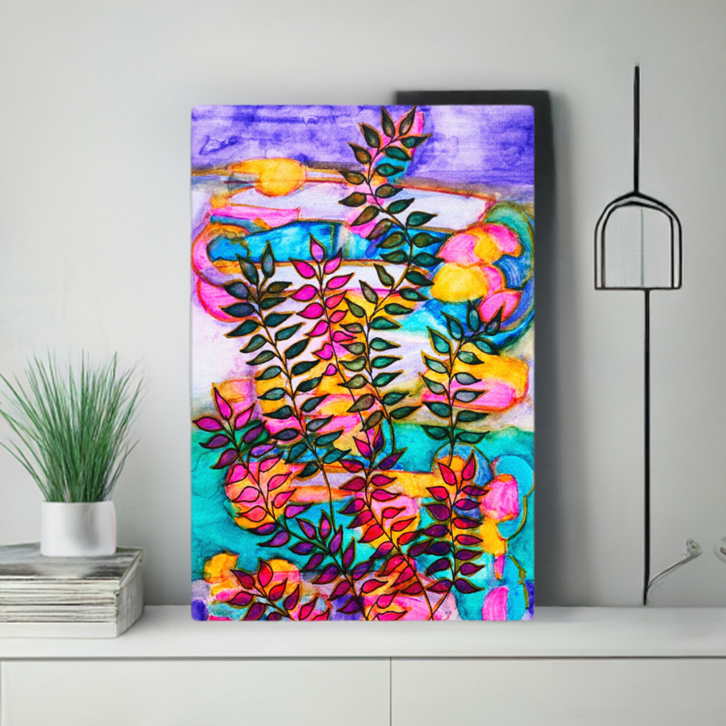 Neon Leaves Abstract Canvas Print Unframed