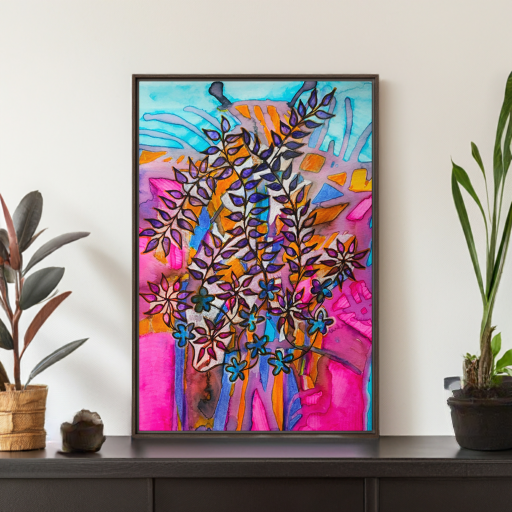 Pink Roots Leaves Framed Canvas