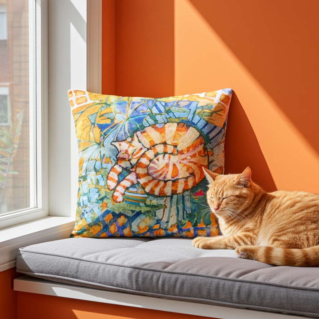 Sleeping ginger cat pillow with vibrant artwork by Joy Calonico on a window seat next to a real ginger cat