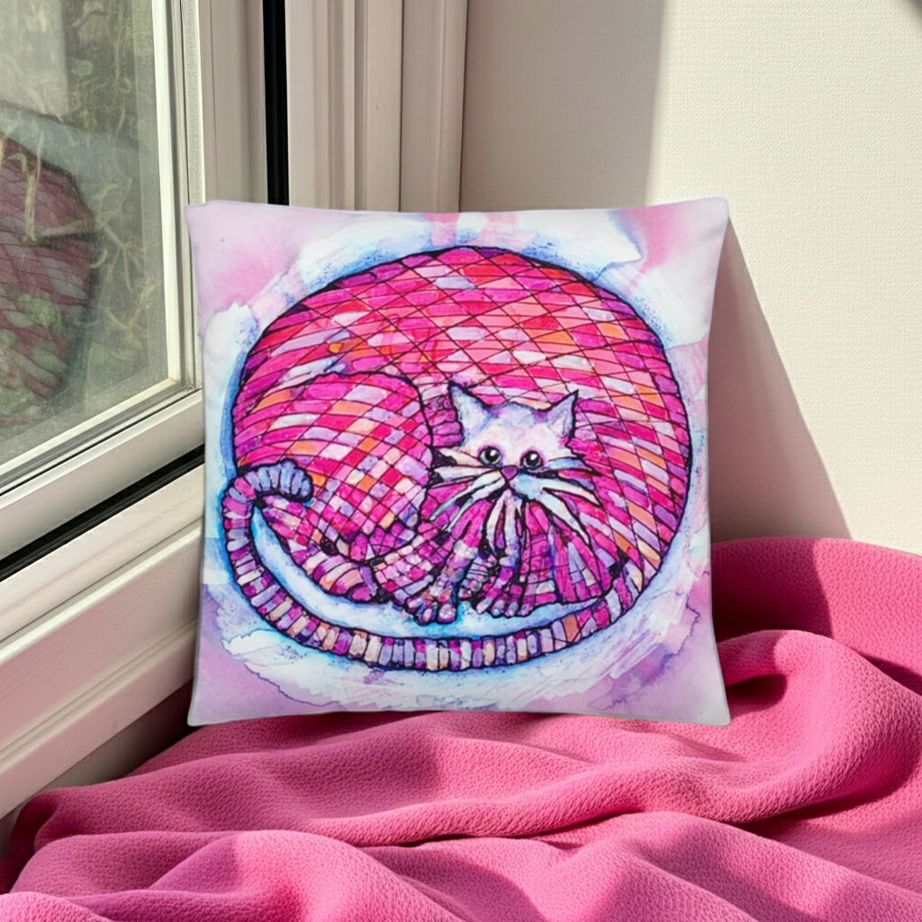 Big Pink Cat Pillow with colorful cat design by Joy Calonico, soft polyester, machine-washable cover, and shape-retaining insert.
