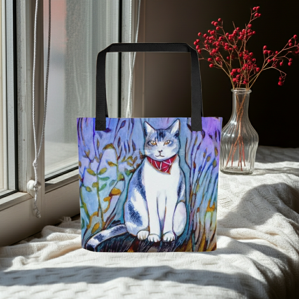 Cat in Scarf Tote bag featuring artwork of a cat with a red scarf, black handles, and vibrant nature-inspired background.