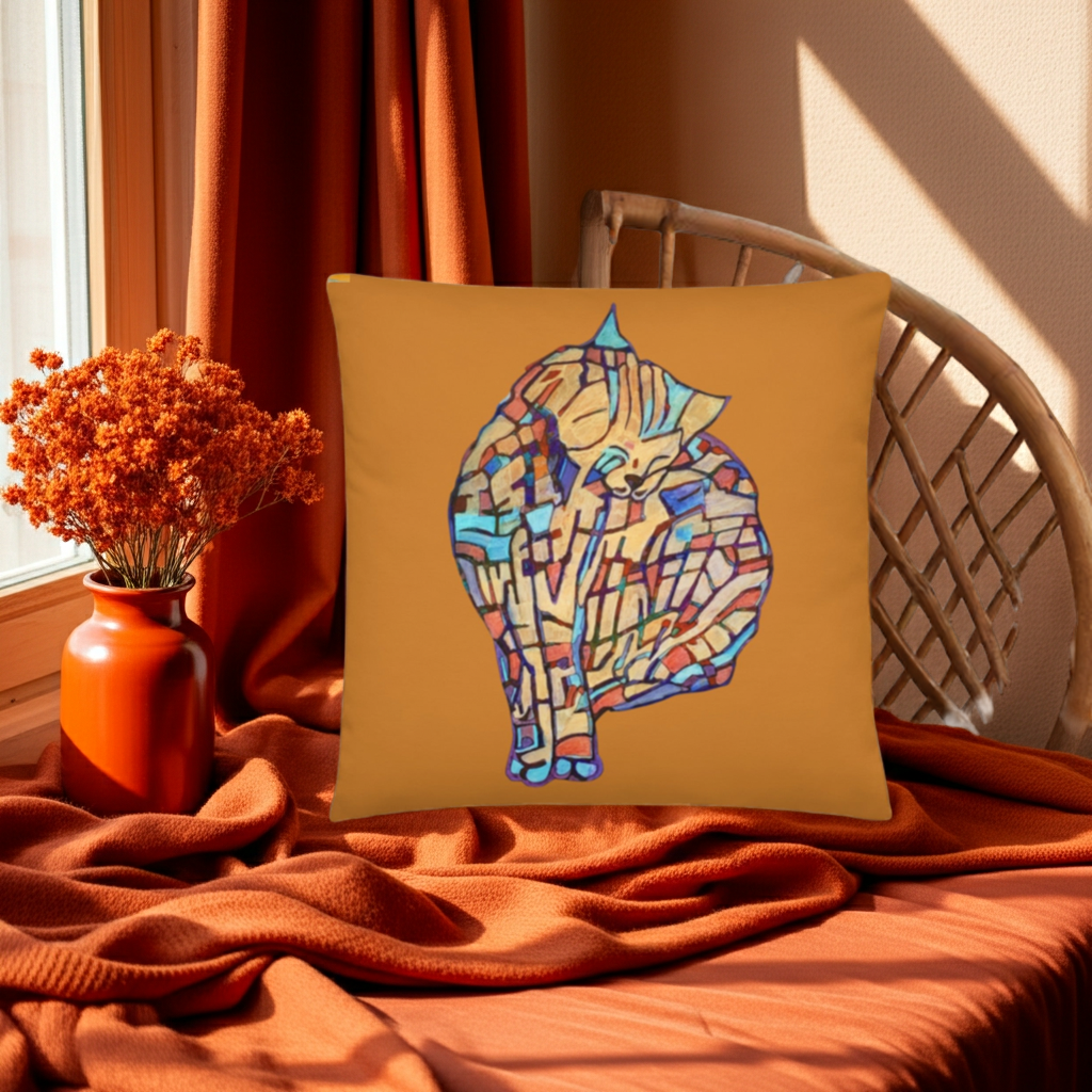 Sitting Pretty Cat Pillow with colorful abstract cat art on orange fabric, placed on wicker chair with orange decor background