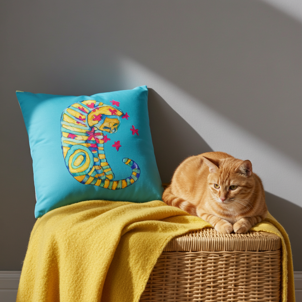 Dreamer Cat Pillow with colorful cat artwork on blue fabric beside an orange cat resting on a yellow blanket and wicker ottoman