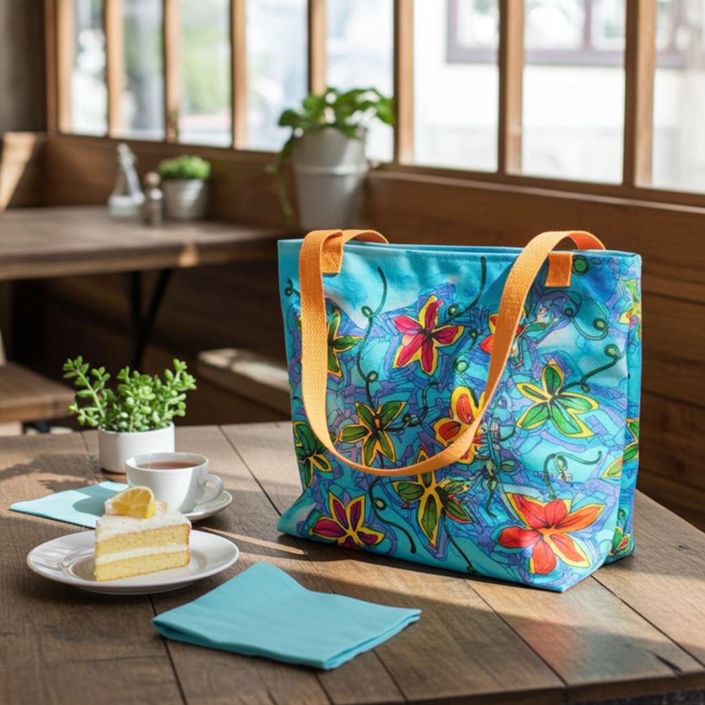 Colorful Flower Patch Tote bag with yellow handles on wooden table in cafe setting