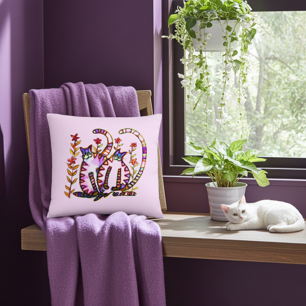 Two Cats Pink Pillow with colorful cat artwork on soft fabric in cozy purple corner with blanket and plants