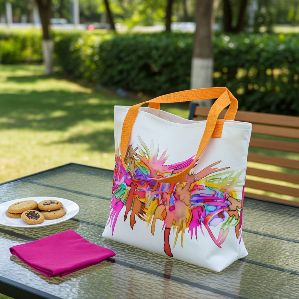 Caterpillar Abstract Tote Bag with colorful abstract artwork and orange handles on outdoor glass table