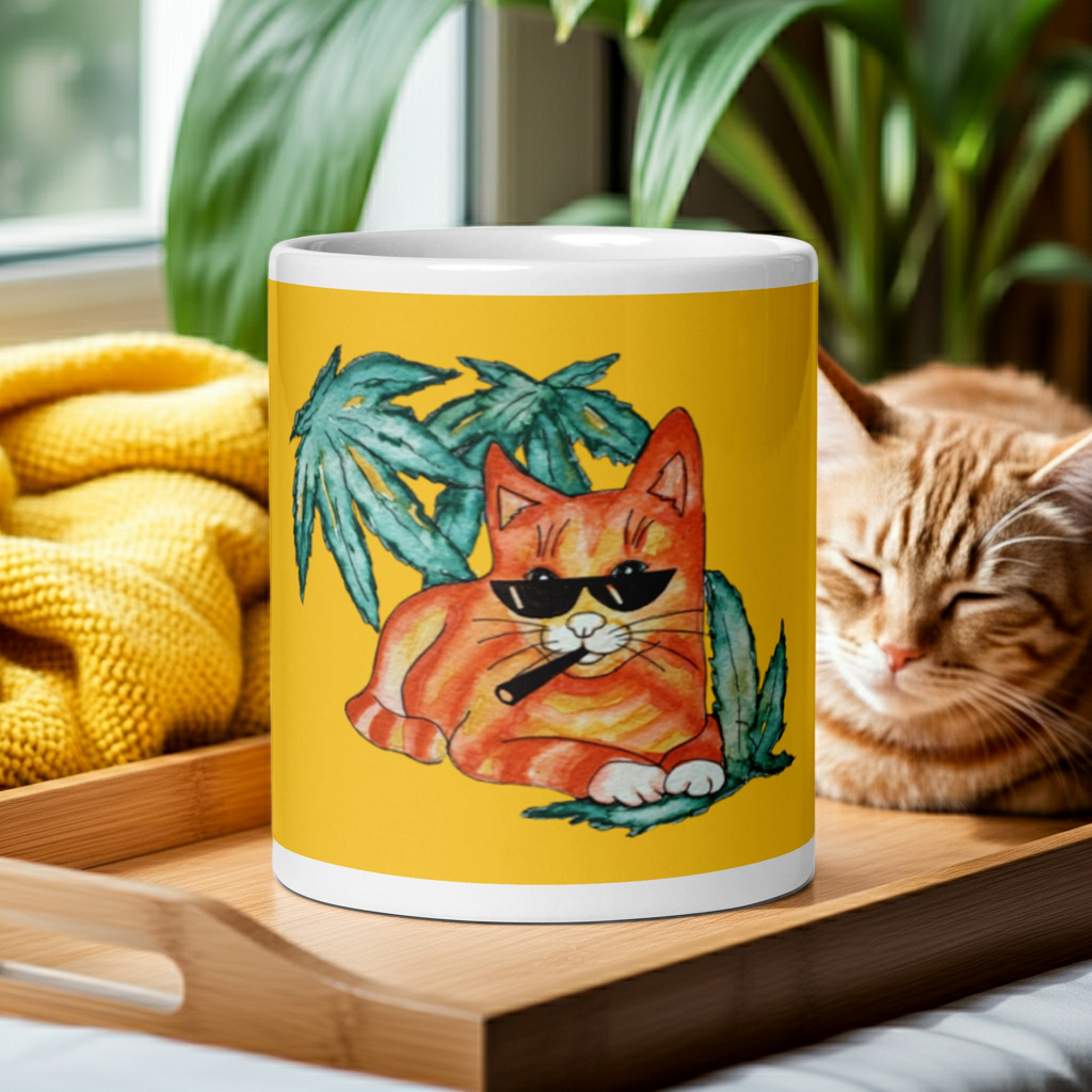Ceramic cool ginger cat mug with playful artwork by Joy Calonico, microwave and dishwasher safe.