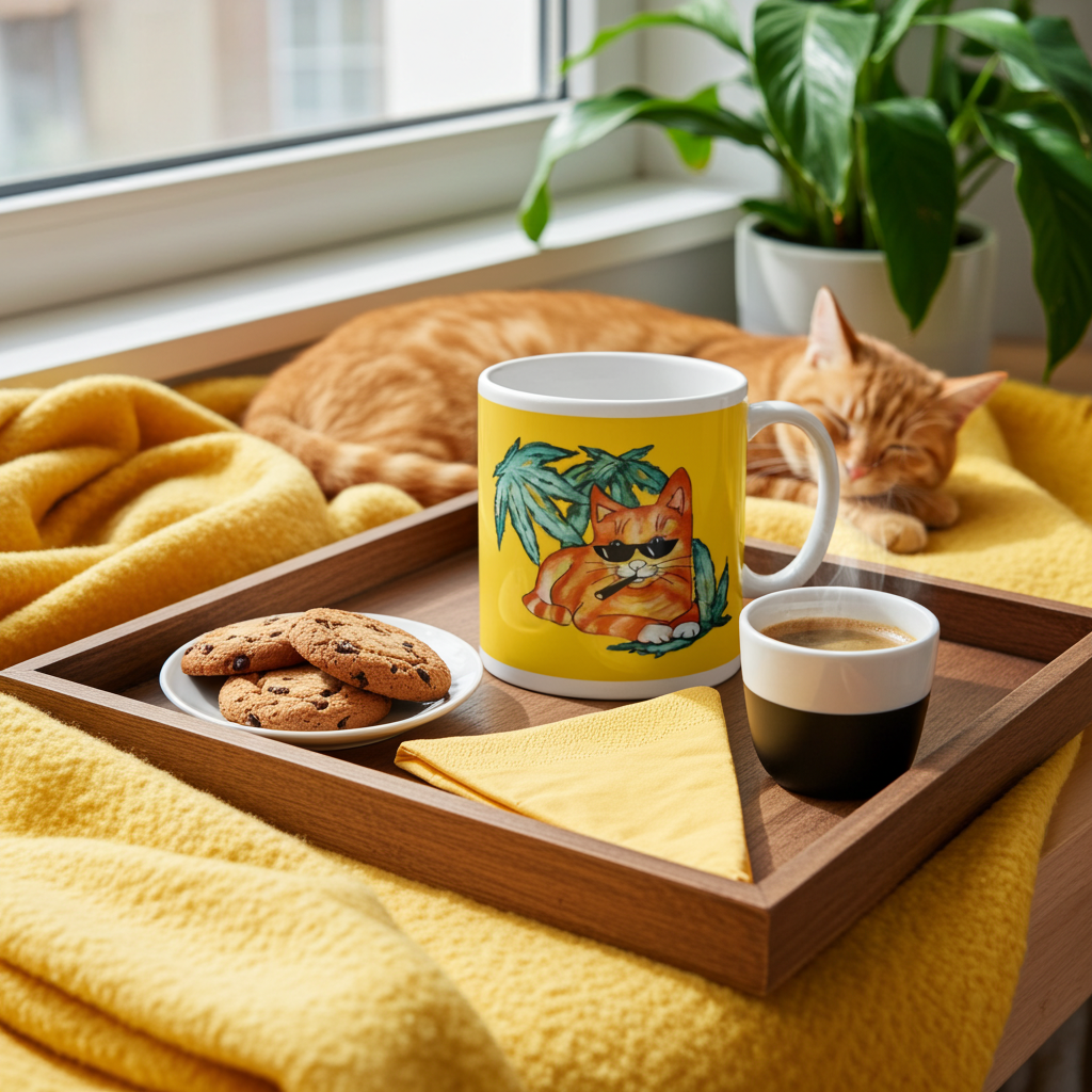 Cool Ginger Cat Mug with sunglasses artwork on a wooden tray with cookies and coffee, cozy setting with ginger cat and yellow blanket