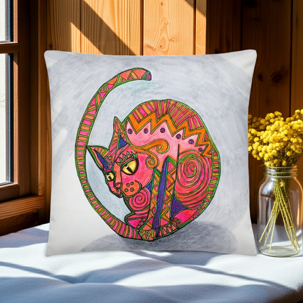Cat Shadow Pillow featuring colorful abstract cat artwork by Joy Calonico on a soft, machine-washable polyester cover with hidden zipper and shape-retaining insert.