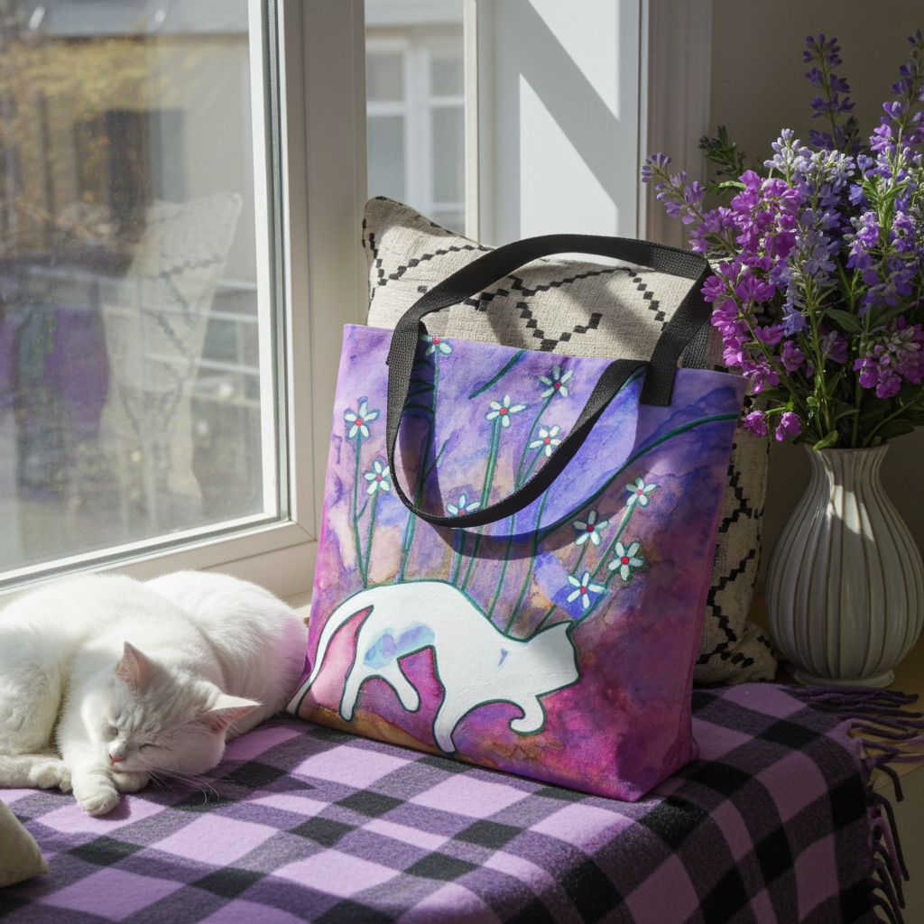 Sneaky Cat Tote Bag with white cat artwork by Joy Calonico, purple floral design, black cotton handles, displayed by a window with a sleeping white cat nearby