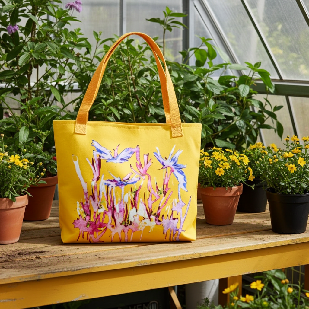 Yellow tote bag with blue butterfly abstract artwork and dual cotton handles sitting among potted plants