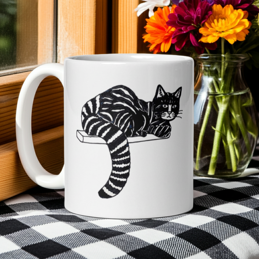 White ceramic mug with black striped cat illustration by Joy Calonico on checkered tablecloth