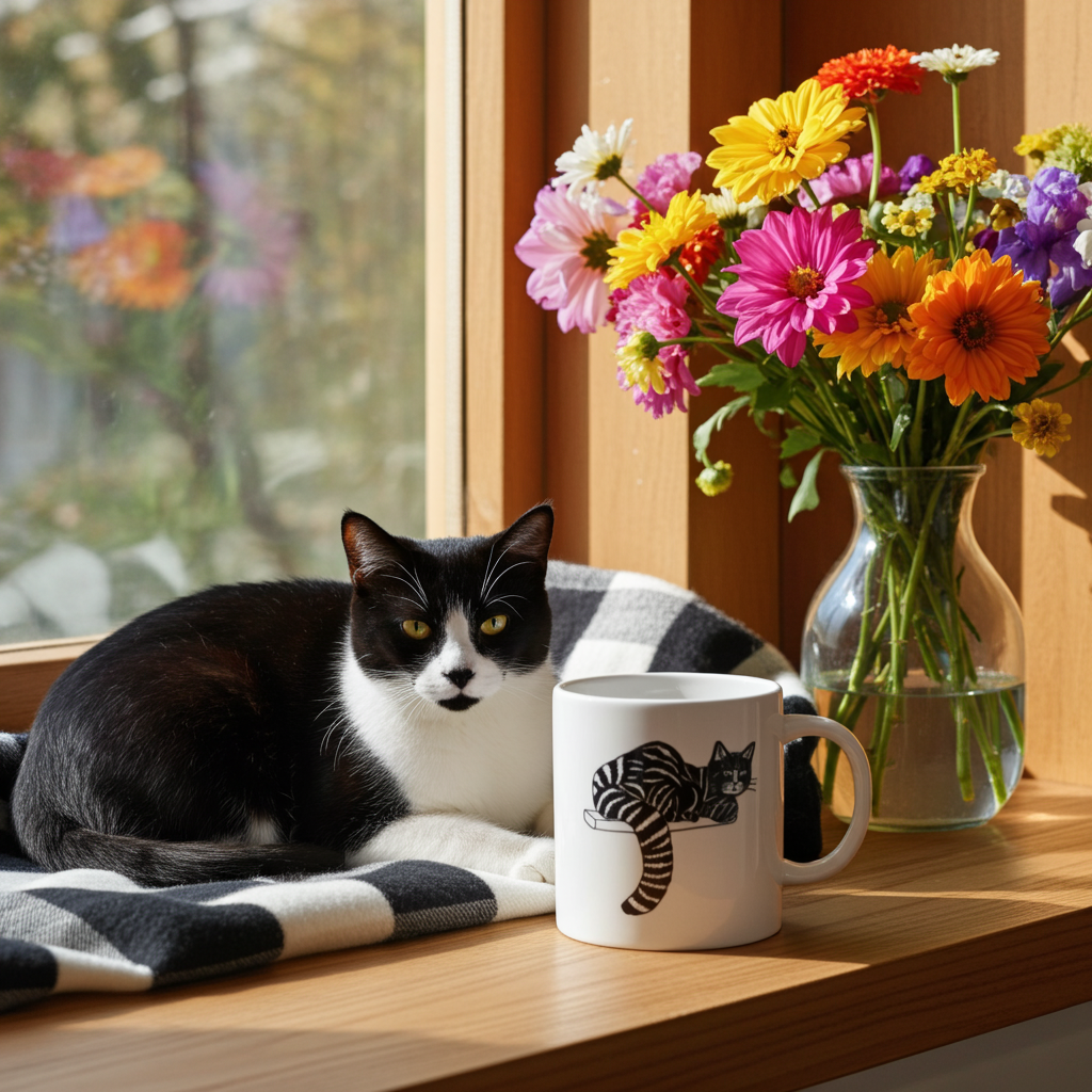 Striped Cat Mug with black and white striped cat design beside black and white cat on blanket and colorful flowers in vase on wooden windowsill