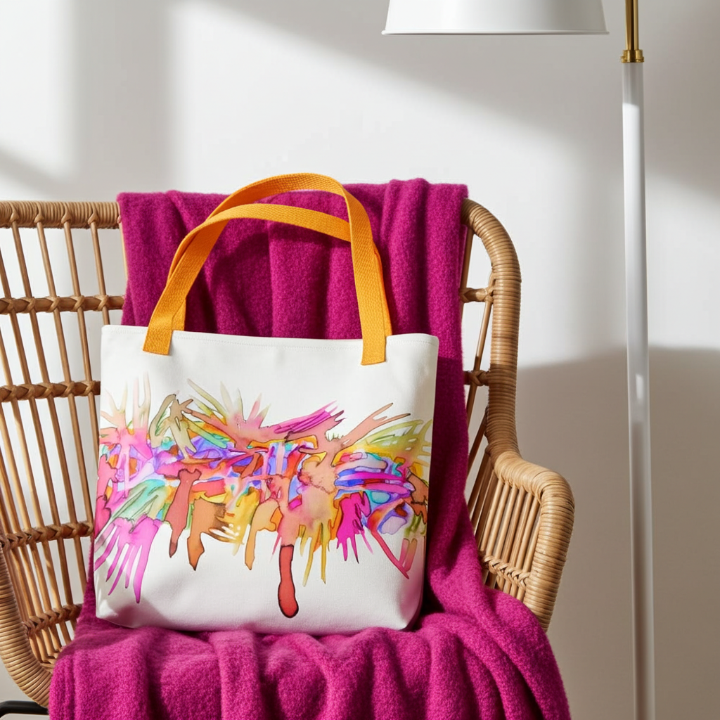 Caterpillar Abstract Tote Bag with colorful artistic design and yellow handles on wicker chair with pink blanket