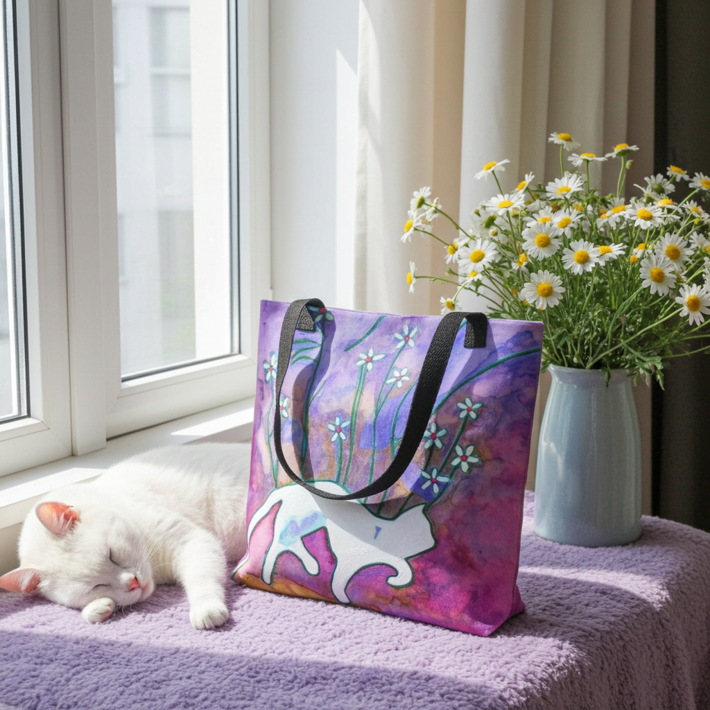 Sneaky Cat Tote Bag with white cat artwork by Joy Calonico, purple background, black handles, displayed on table next to sleeping white cat and vase of daisies.