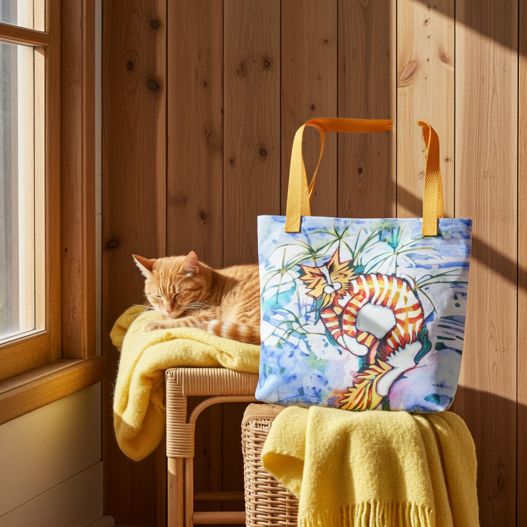 Orange Tabby Cat Tote bag with colorful cat artwork and yellow handles, displayed indoors with natural light