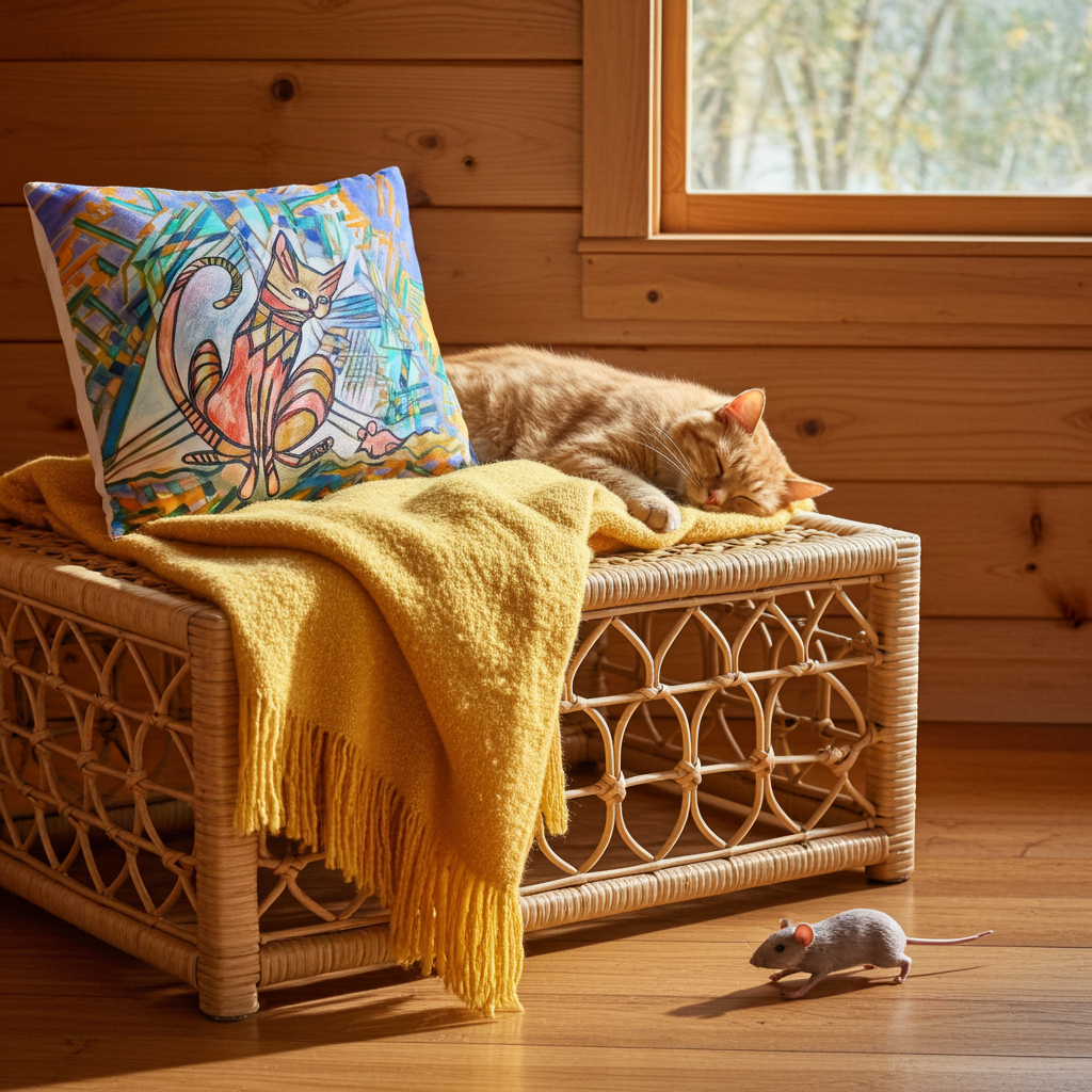 Mouser Cat Pillow with colorful cat artwork by Joy Calonico on wicker bench with yellow blanket and sleeping orange cat nearby