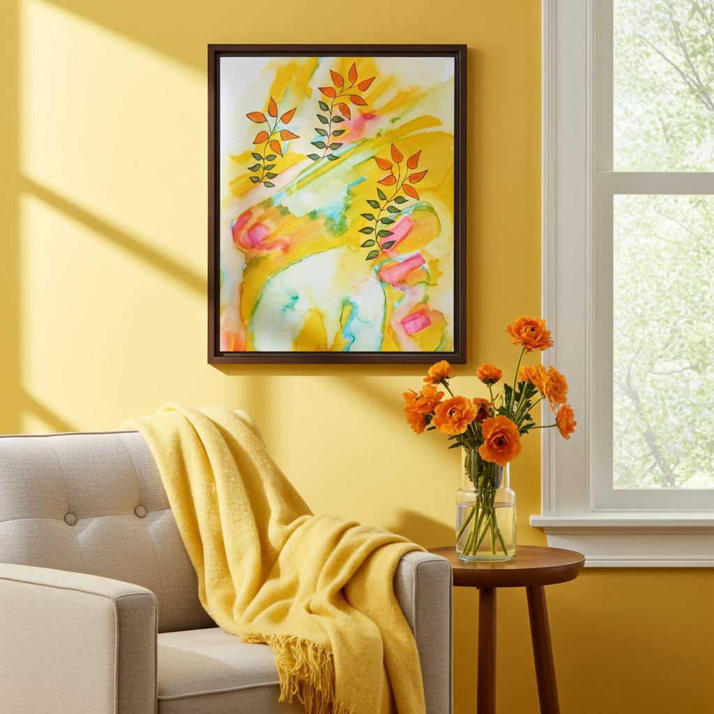 Sunny Leaves Framed Canvas Wall Art – Modern Abstract Nature Print