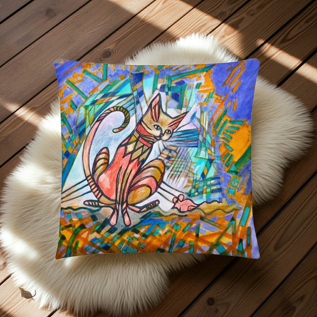 Colorful Mouser Cat Pillow with abstract cat artwork by Joy Calonico, soft polyester, machine-washable cover, and hidden zipper.