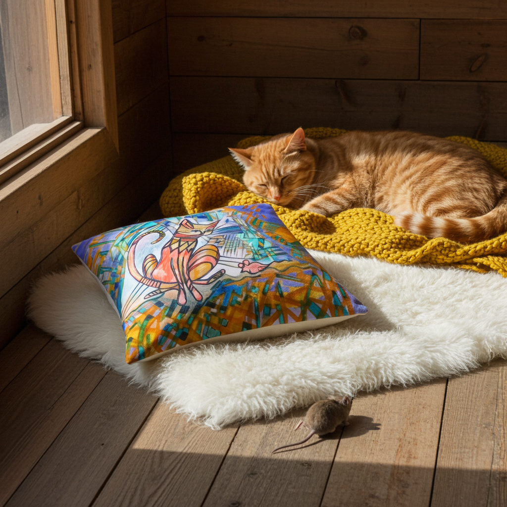 Mouser Cat Pillow with colorful cat artwork by Joy Calonico on soft polyester case, perfect for cozy naps