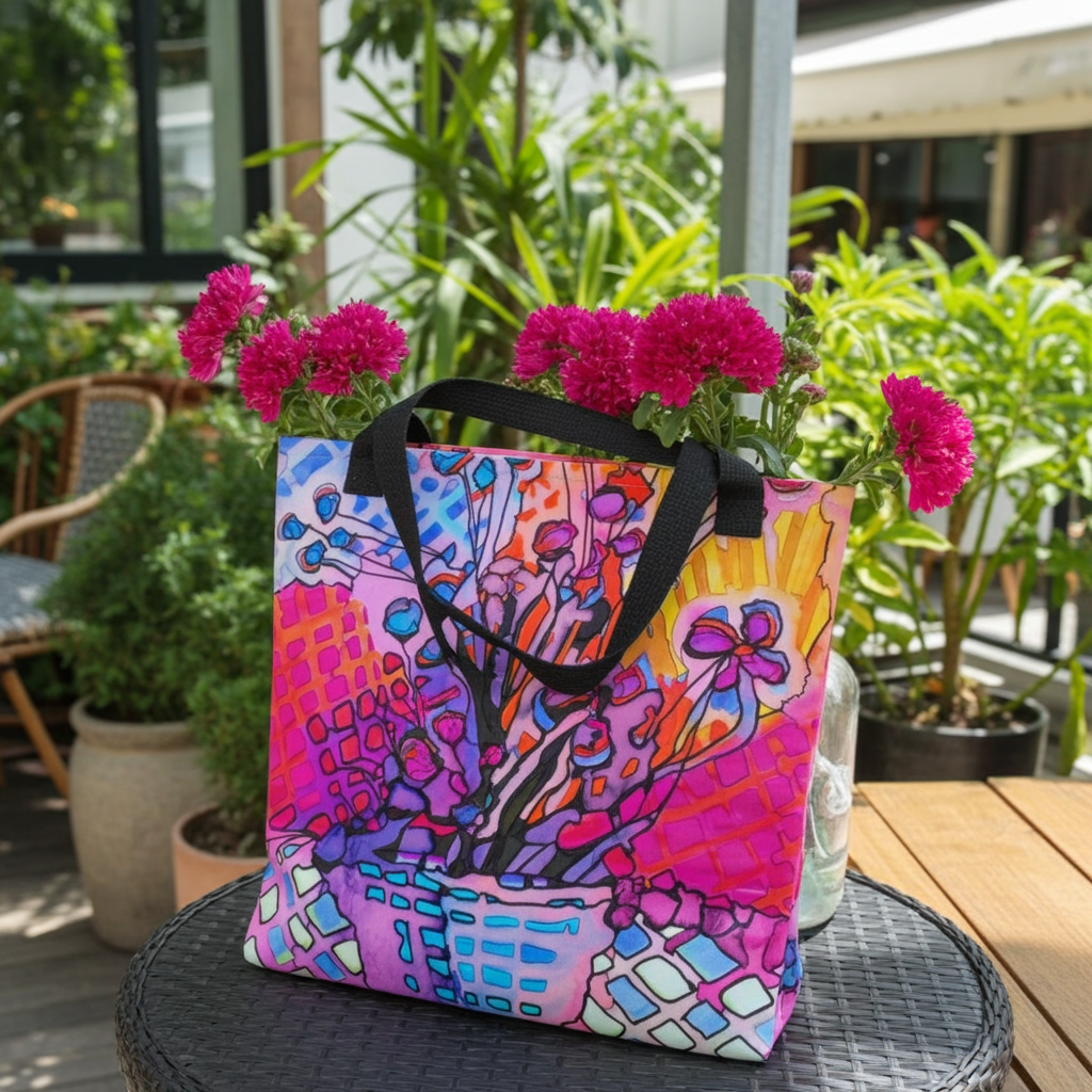 Colorful Flower Abstract Tote Bag with black handles, vibrant floral artwork by Joy Calonico, spacious 15x15 inch design.