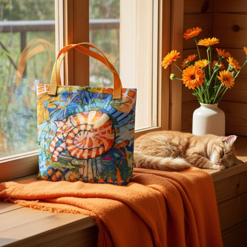 Sleeping Ginger Cat Tote Bag with colorful cat artwork by Joy Calonico placed on window sill next to a sleeping ginger cat and orange flowers