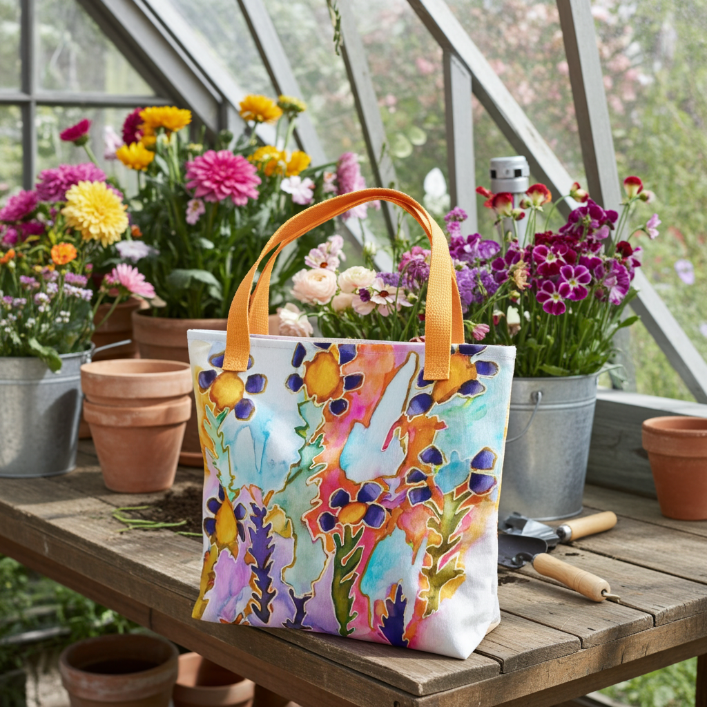Dark Blooms Abstract Tote Bag with colorful floral artwork and orange handles on wooden table in greenhouse