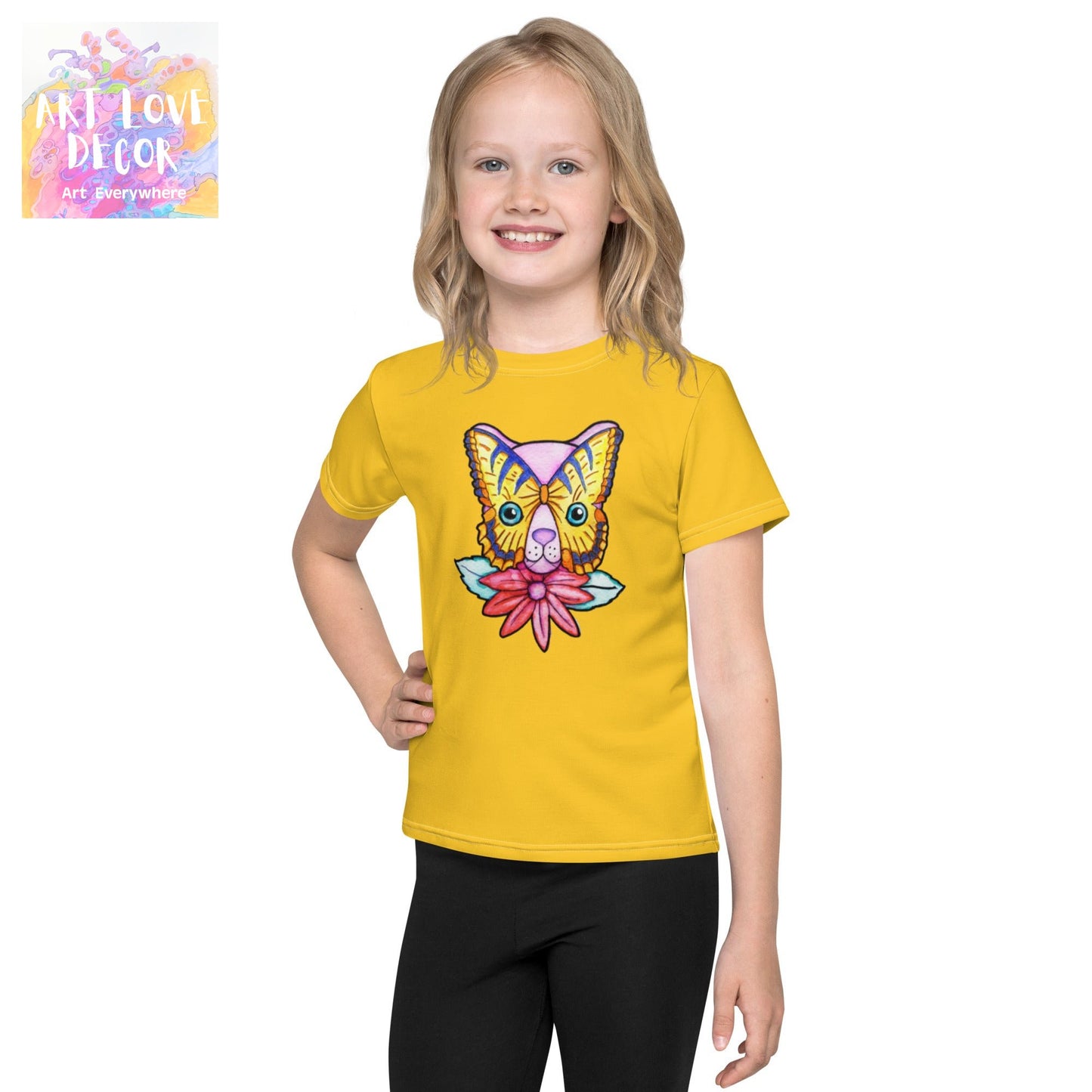 Kitty Cat Flower Kids crew neck t-shirt - Art Love Decor