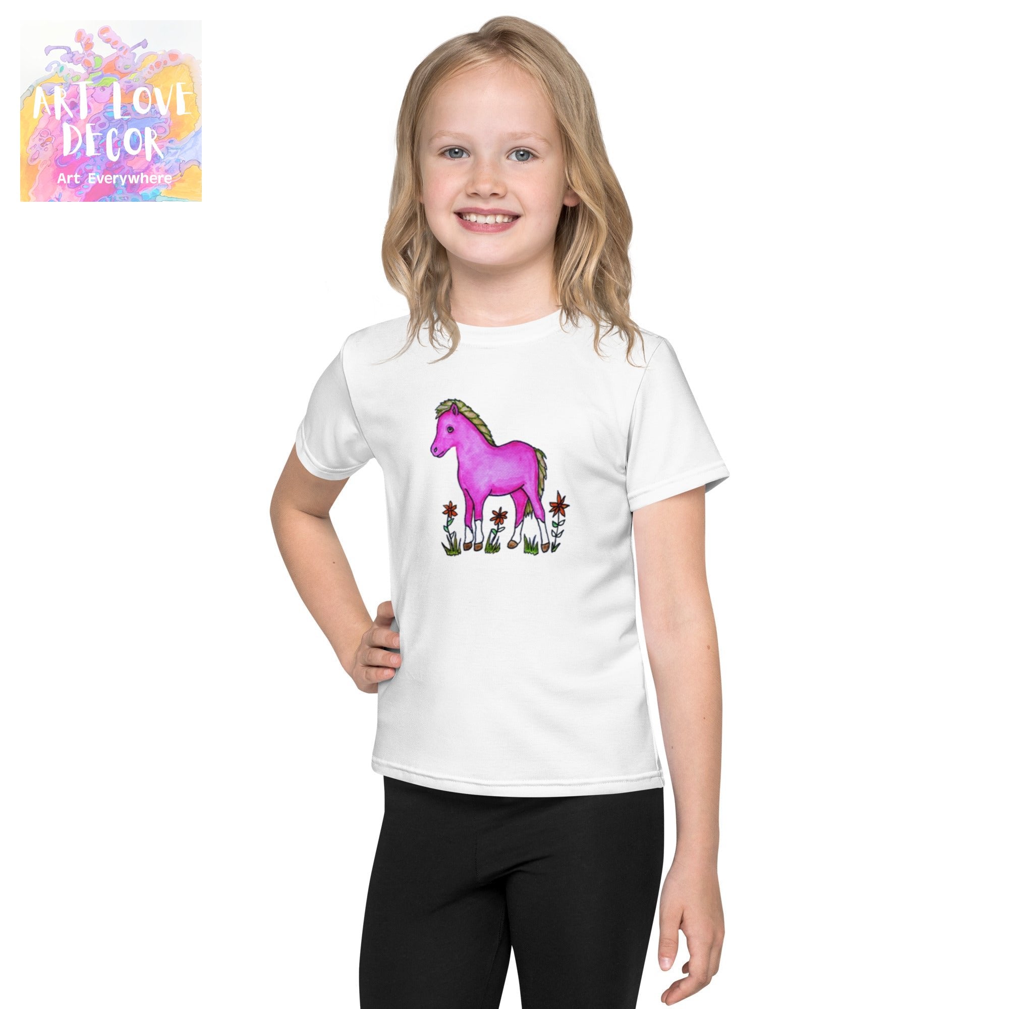 Pink Horse Kids crew neck t-shirt - Art Love Decor