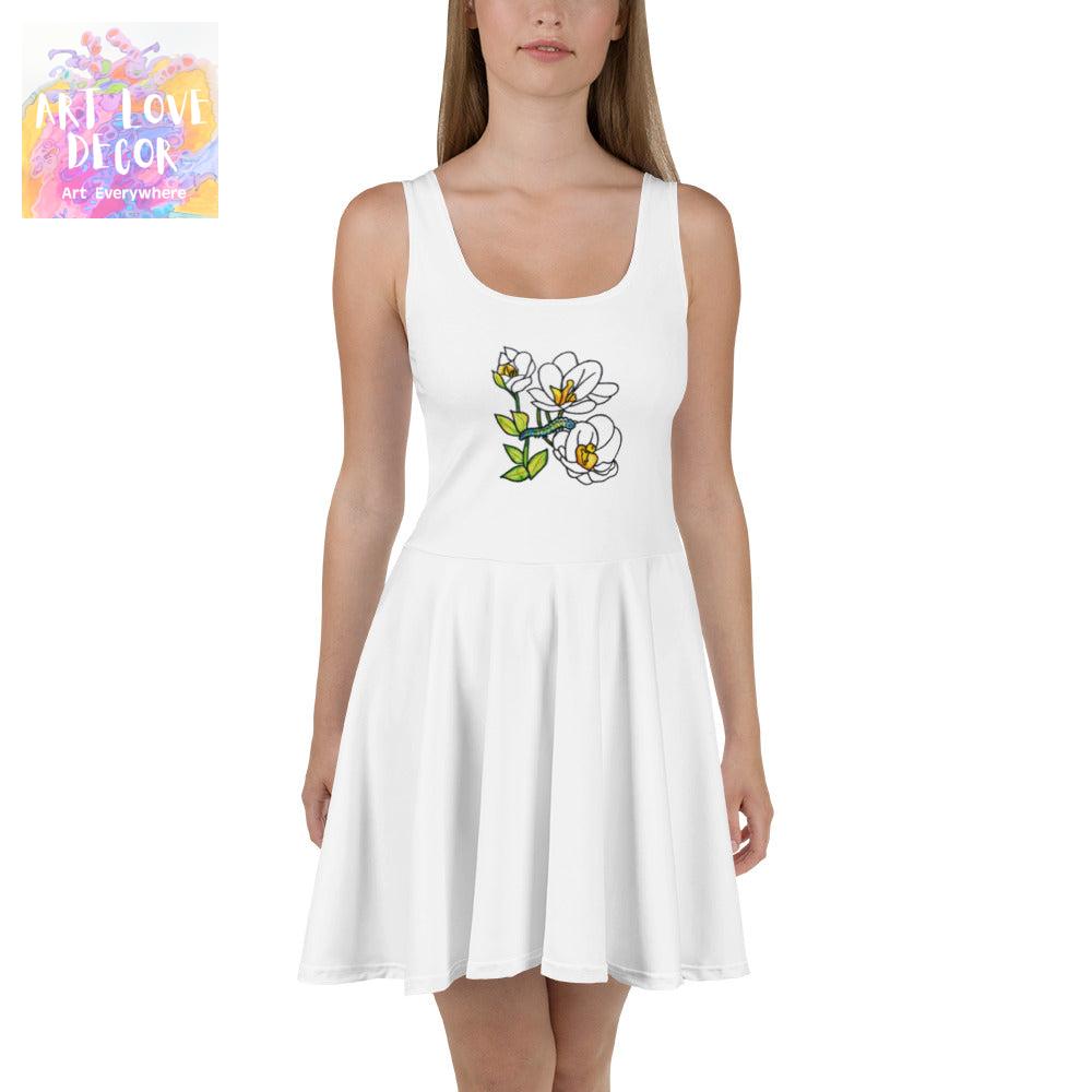 White Flowers Skater Women's Dress - Art Love Decor