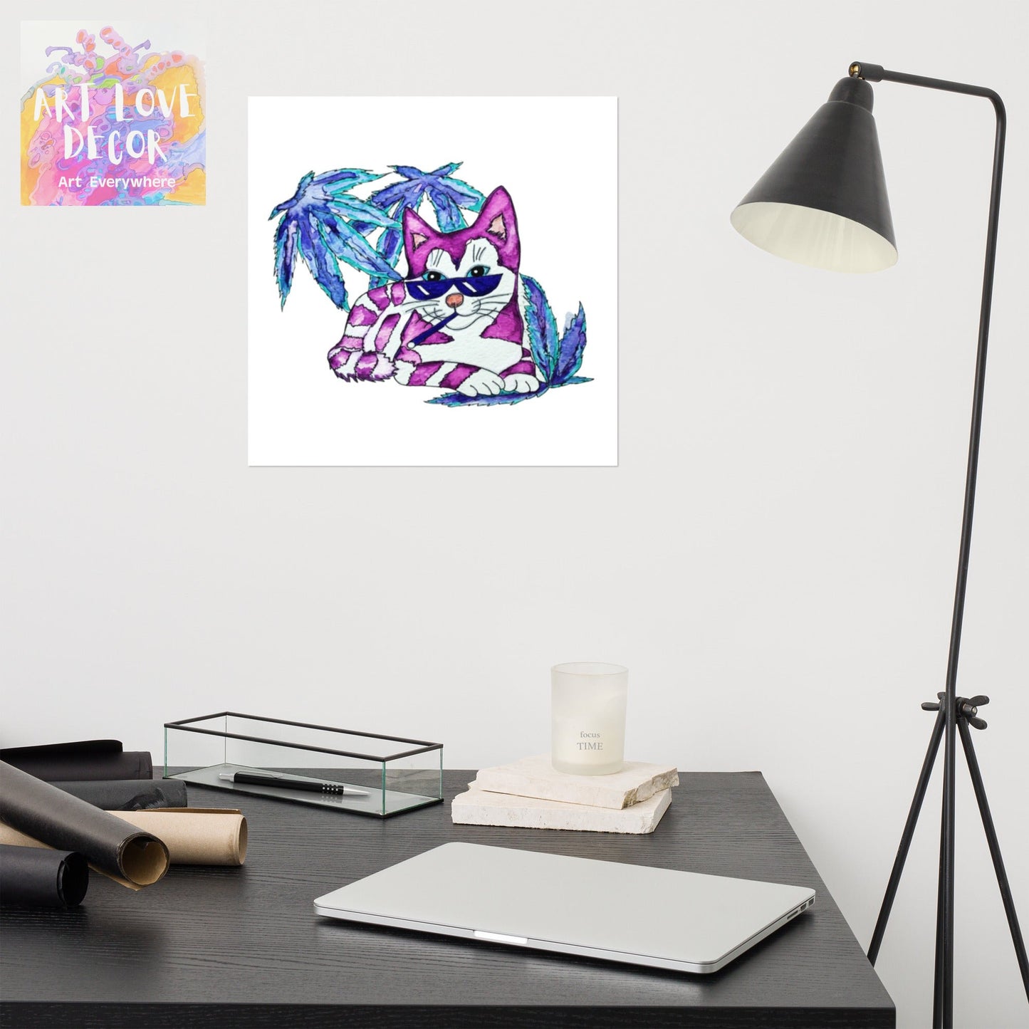 Cool Purple Tabby Cat White Poster Unframed