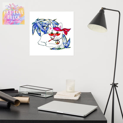 Cool White Peace Cat Poster Unframed