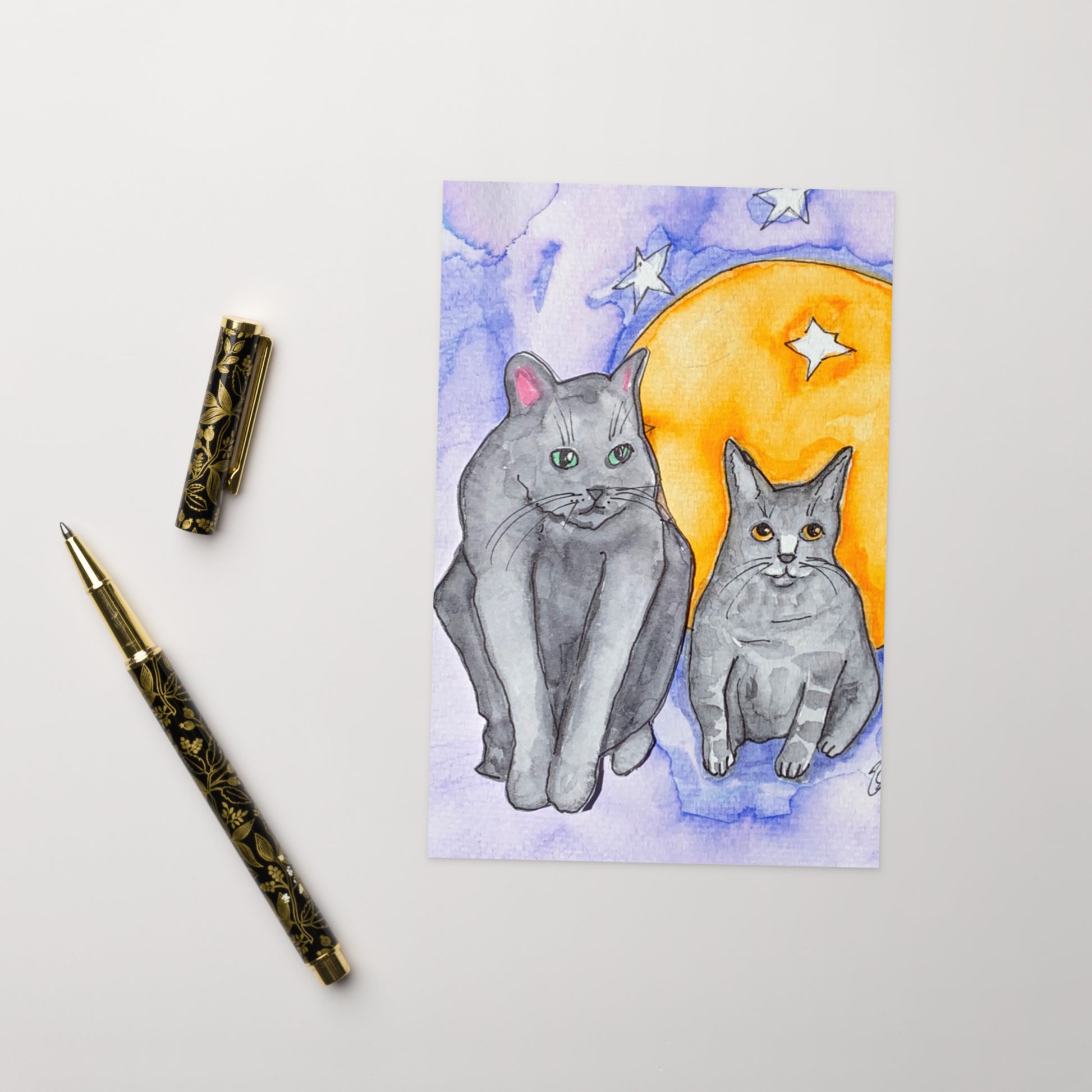Gray Moon Cats reeting card - Art Love Decor