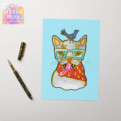 Kitty Cat Bird Greeting card - Art Love Decor