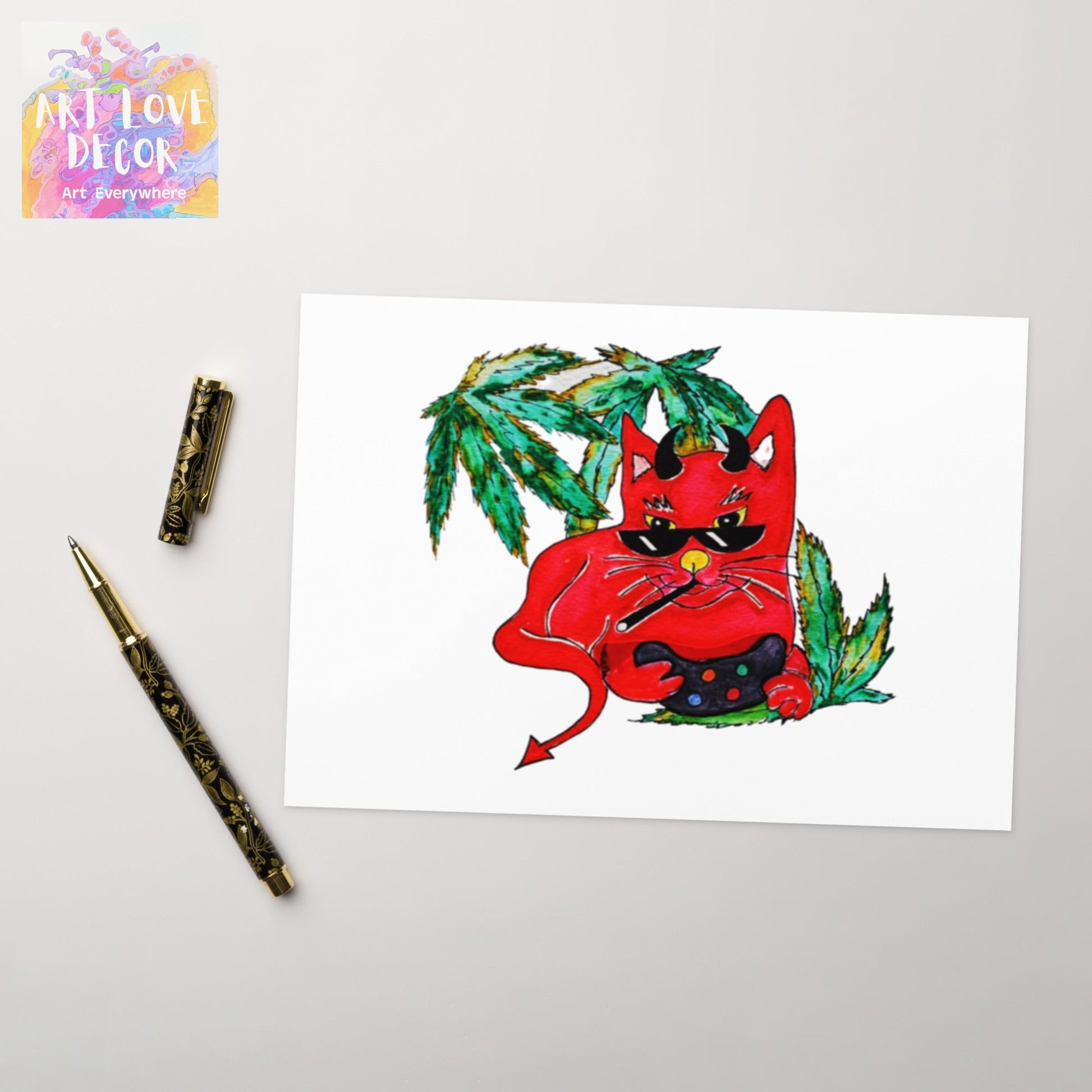 Cool Cannabis Devil Gamer Cat Greeting card - Art Love Decor
