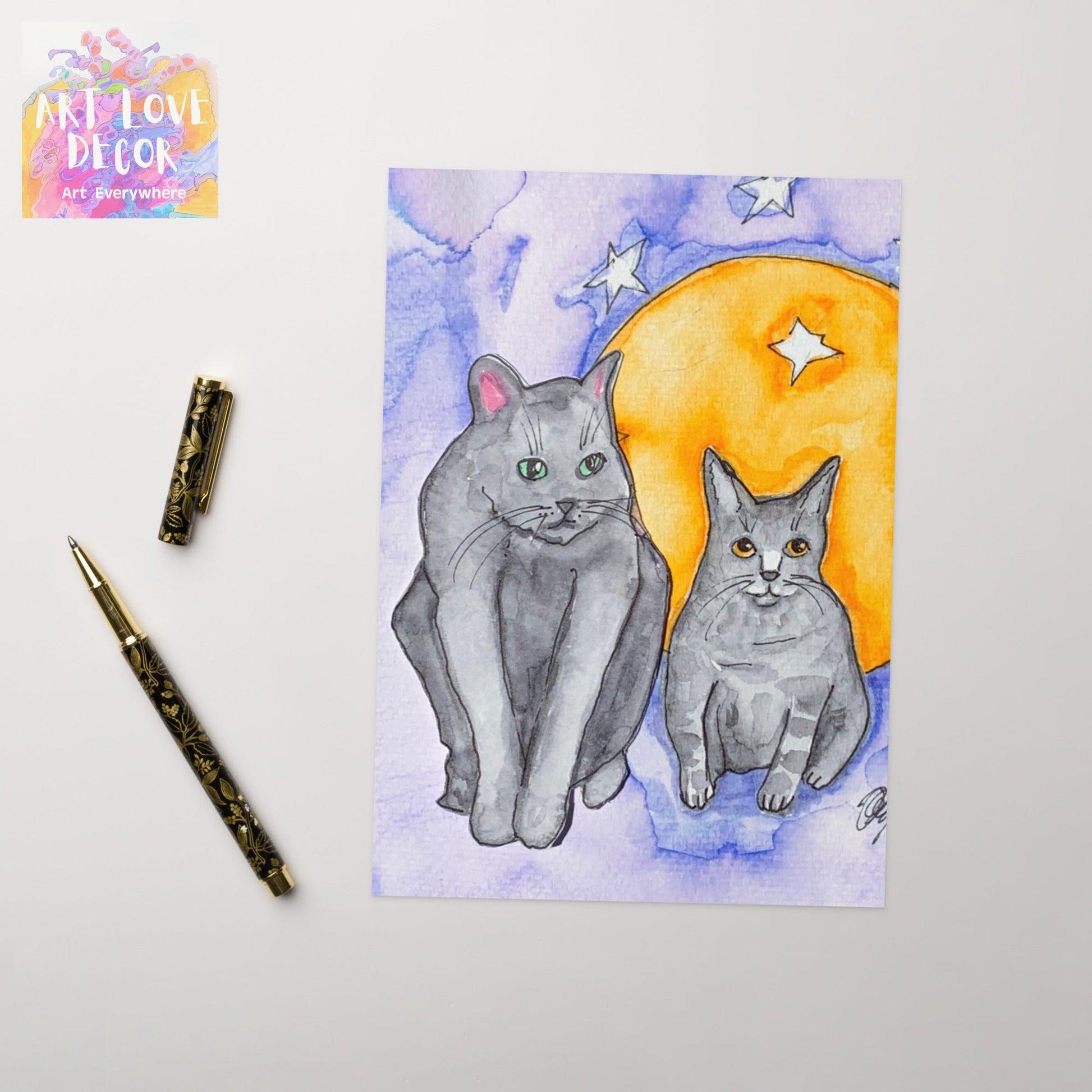 Gray Moon Cats reeting card - Art Love Decor