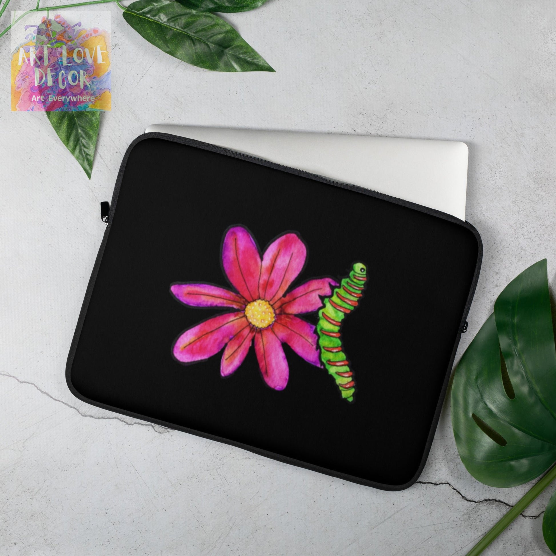 Pink Flower Caterpillar Laptop Sleeve - Art Love Decor