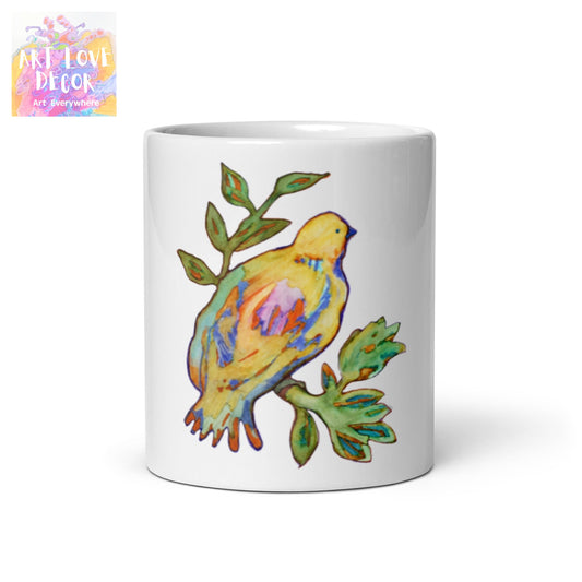 Yellow Bird White glossy mug