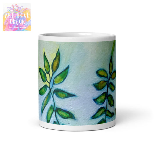 Green Leaves Abstract White glossy mug - Art Love Decor
