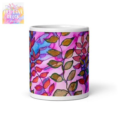 Leaves Pink White glossy mug