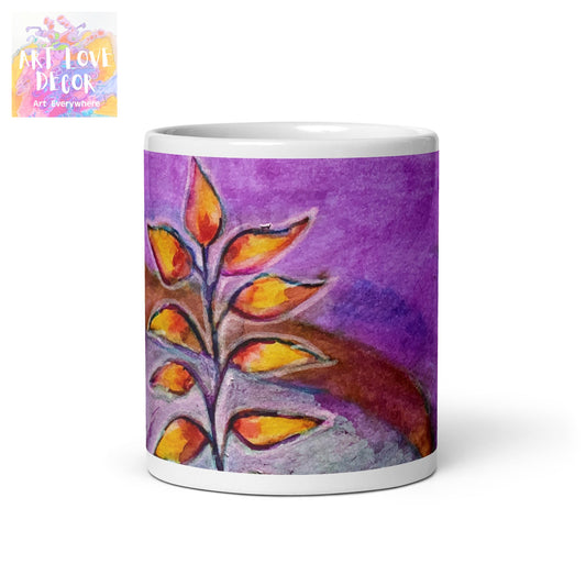 Leaves Purple Abstract White glossy mug - Art Love Decor