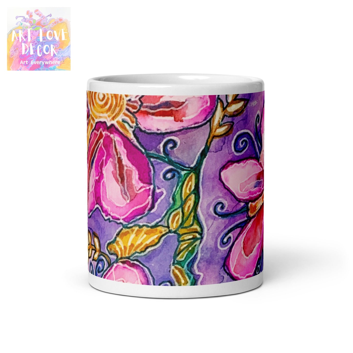 Pink Flowers Abstract White glossy mug