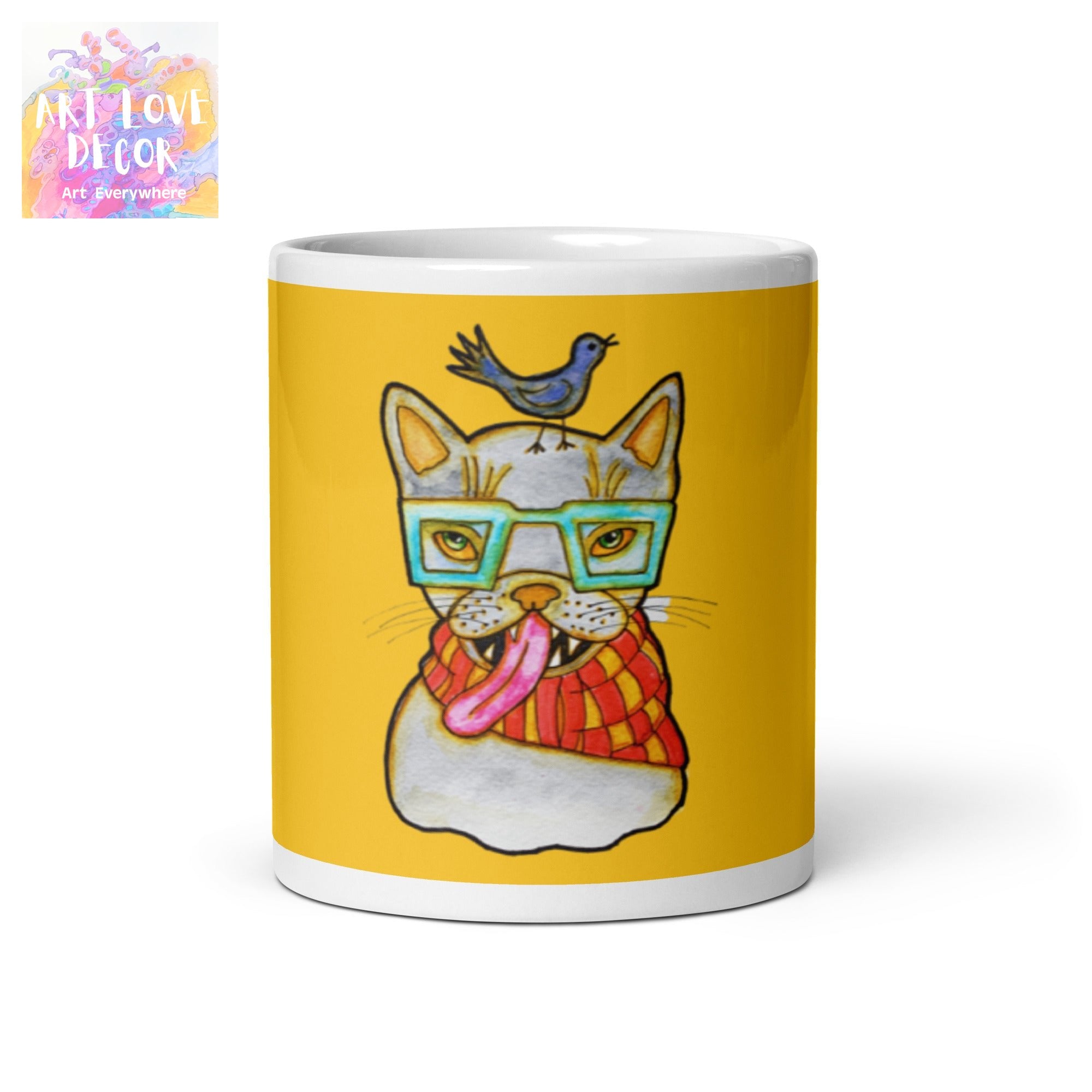 Kitty Cat Bird White glossy mug - Art Love Decor