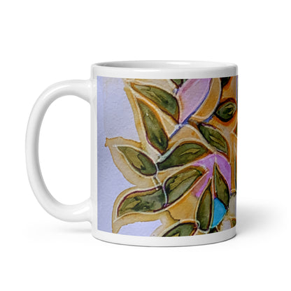 Leaves Buds Abstract White glossy mug
