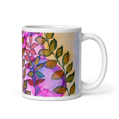 Leaves Pink White glossy mug